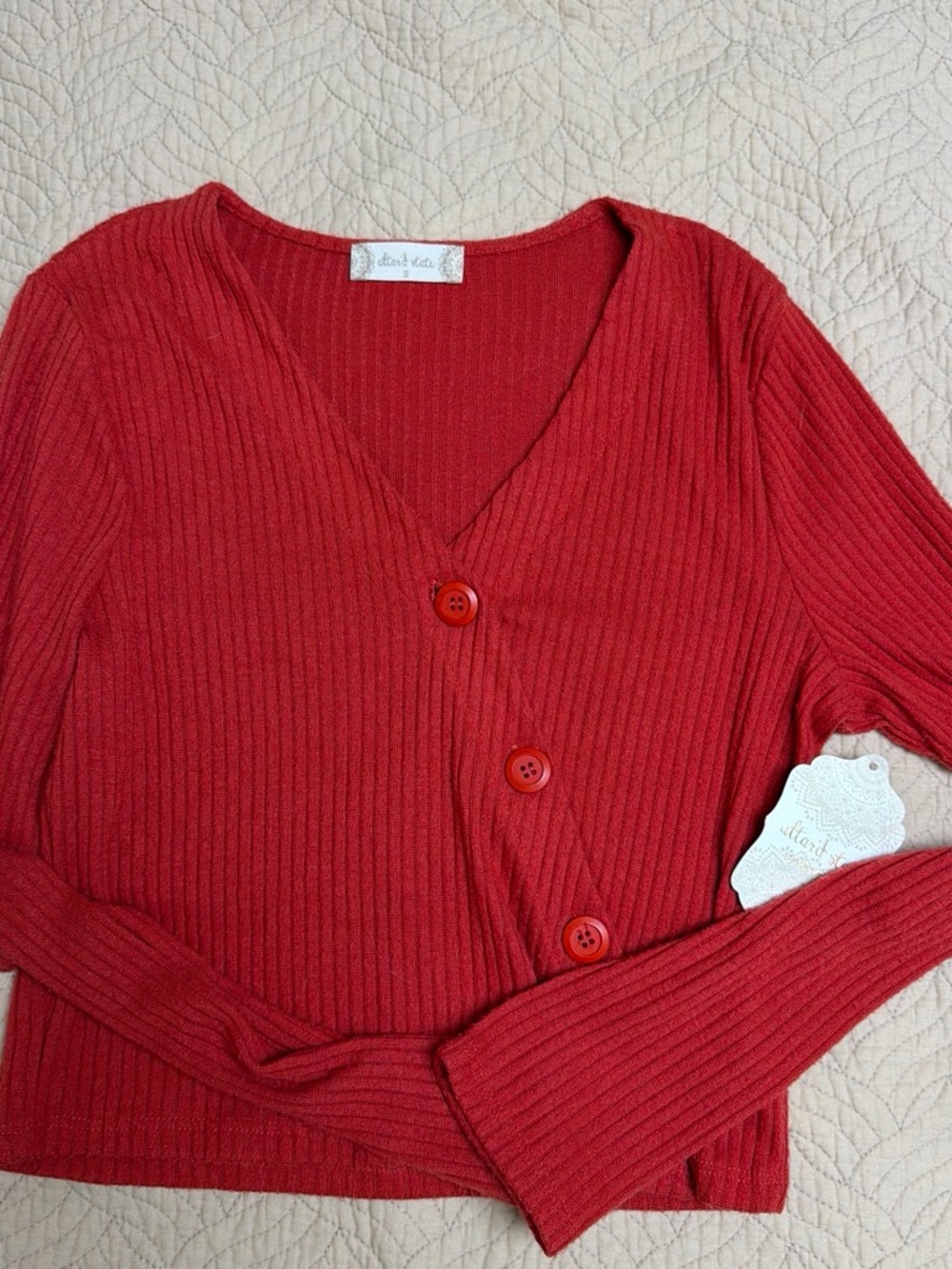 Altar'd State Red Ribbed V-Neck Buttoned Cardigan